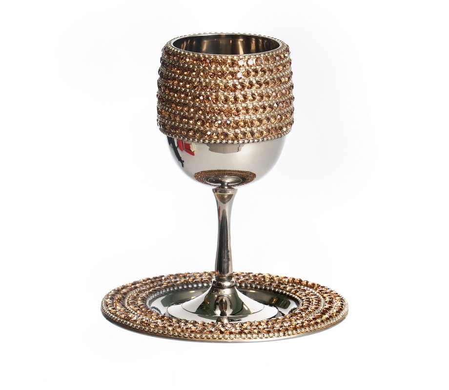 Stainless Steel Kiddush Cup on Stem with Matching Plate - Gold Crystal Stones