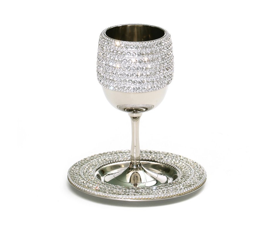 Stainless Steel Kiddush Cup on Stem with Matching Plate - Silver Crystal Stones