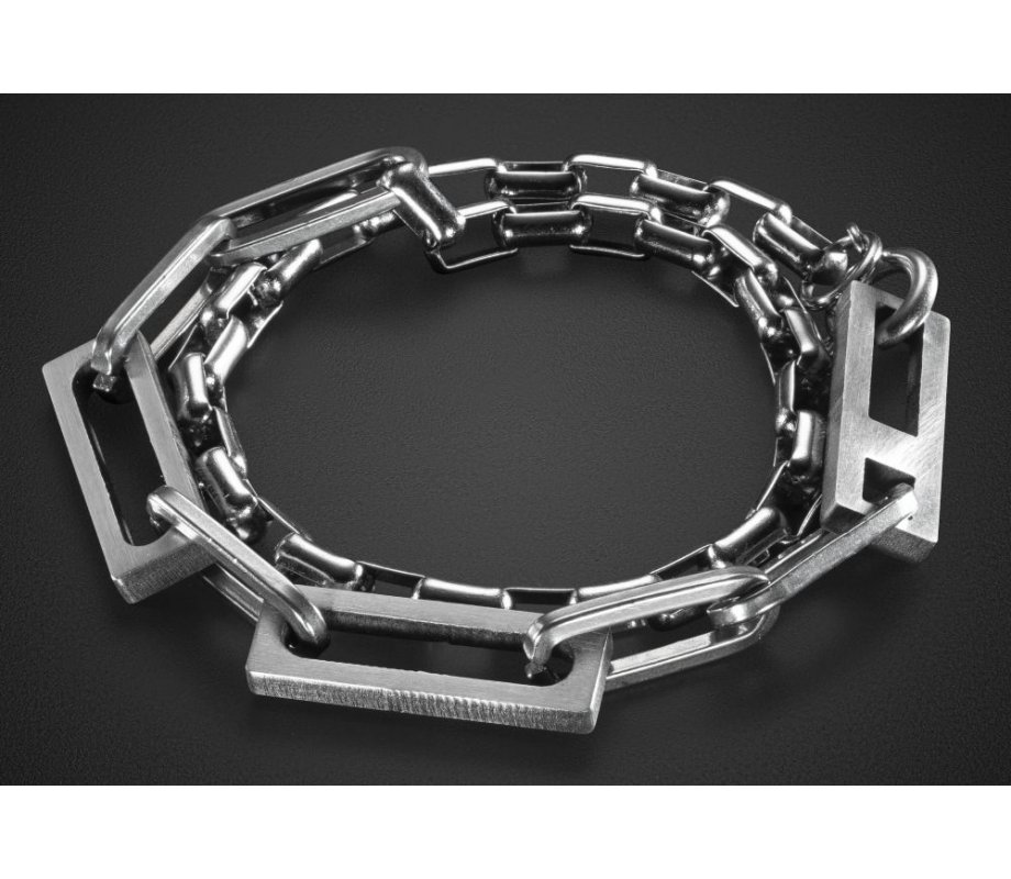 Stainless Steel Man's Bracelet  Various Sized Links on Double Chain