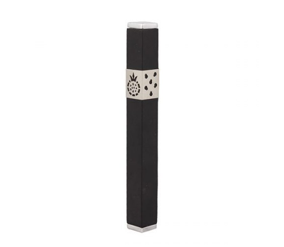 Stainless Steel Mezuzah Case Cutout Pomegranates, Black - Yair Emanuel