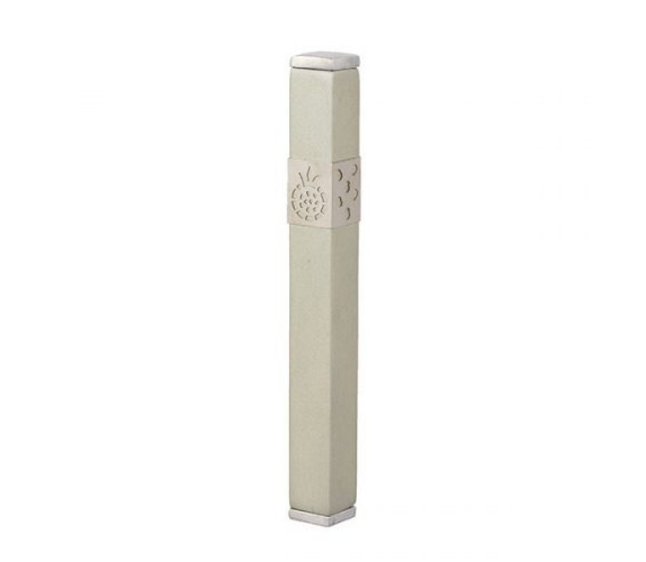 Stainless Steel Mezuzah Case Cutout Pomegranates, Cream - Yair Emanuel