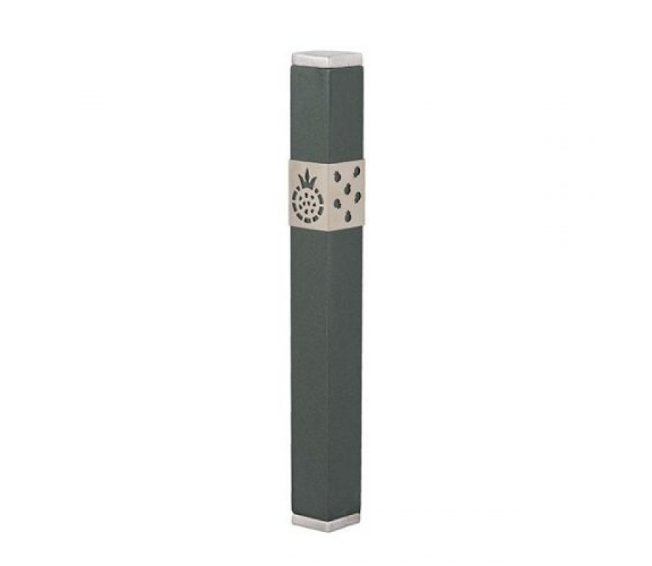 Stainless Steel Mezuzah Case Cutout Pomegranates, Dark Gray - Yair Emanuel