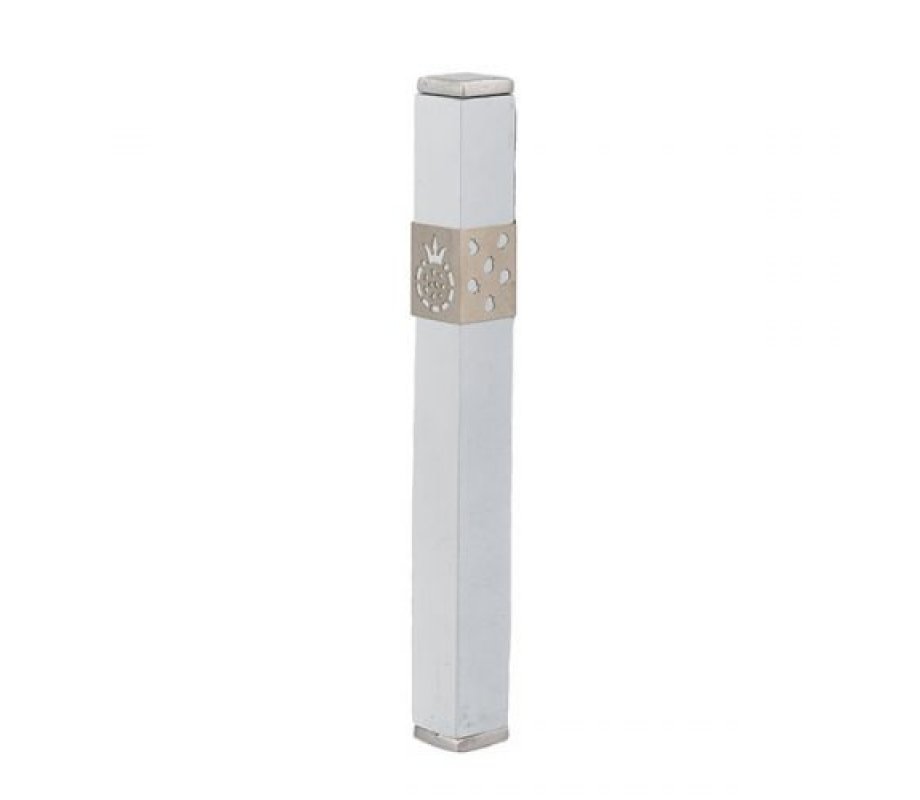 Stainless Steel Mezuzah Case Cutout Pomegranates, White - Yair Emanuel