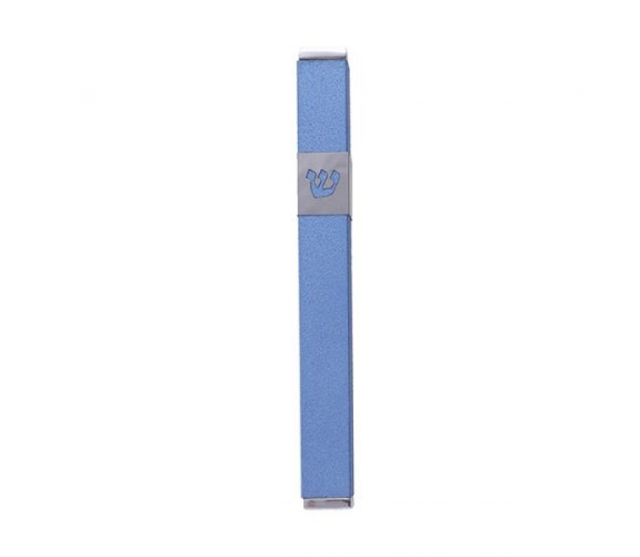 Stainless Steel Mezuzah Case Cutout Shin Letter, Blue - Yair Emanuel