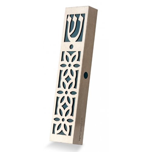 Stainless Steel Mezuzah Case with Cutout Flower Design, Dark Green - Dorit Judaica