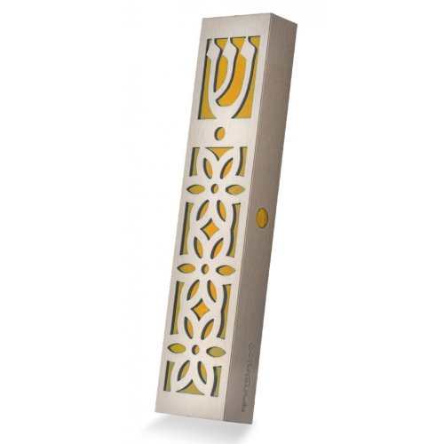 Stainless Steel Mezuzah Case with Cutout Flower Design, Mustard - Dorit Judaica