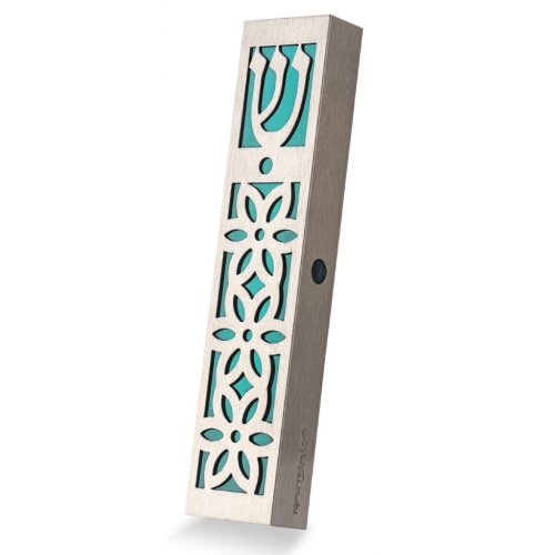 Stainless Steel Mezuzah Case with Cutout Flower Design, Turquoise - Dorit Judaica