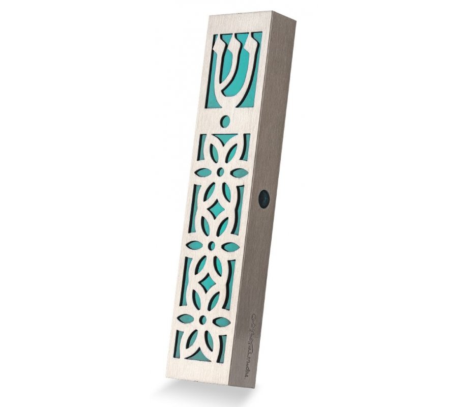 Stainless Steel Mezuzah Case with Cutout Flower Design, Turquoise - Dorit Judaica