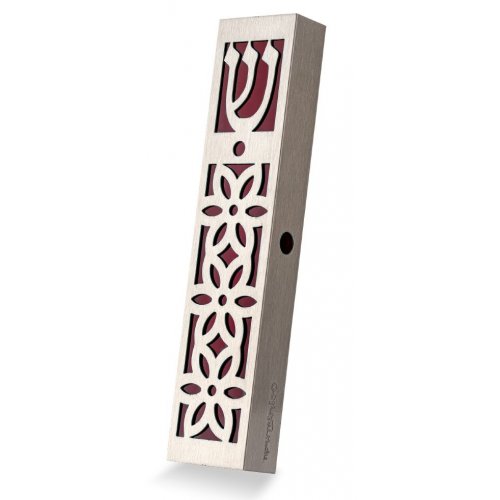 Stainless Steel Mezuzah Case with Cutout Flower Design in Maroon - Dorit Judaica