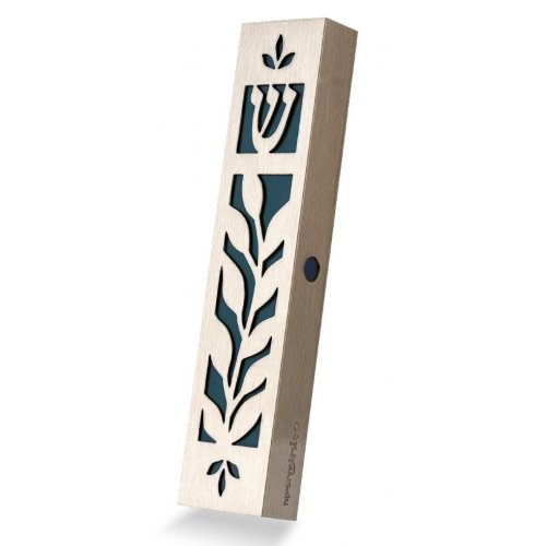 Stainless Steel Mezuzah Case with Cutout Leaf Design, Dark Green - Dorit Judaica
