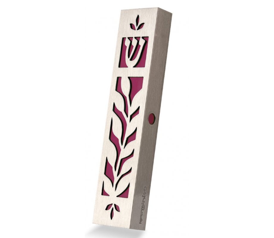 Stainless Steel Mezuzah Case with Cutout Leaf Design in Maroon - Dorit Judaica