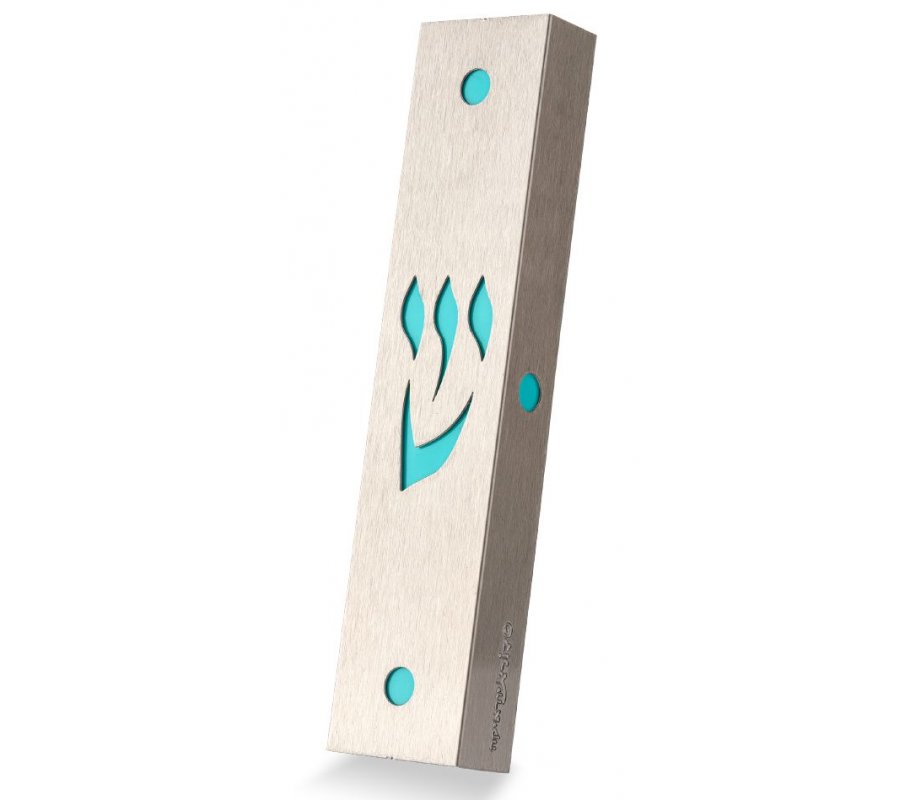 Stainless Steel Mezuzah Case with Cutout Letter Shin, Turquoise - Dorit Judaica