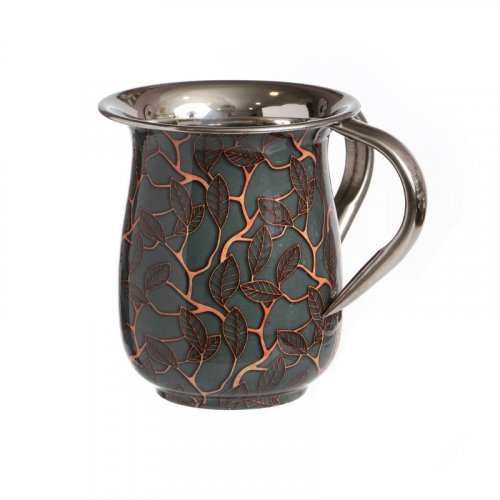 Stainless Steel Netilat Yadayim Wash Cup – Gray with Copper Leaf Design