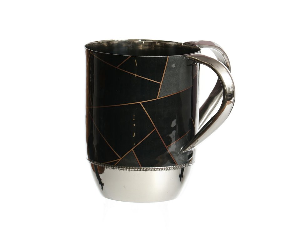 Stainless Steel Netilat Yadayim Wash Cup – Two Tone - Geometric Design on Black