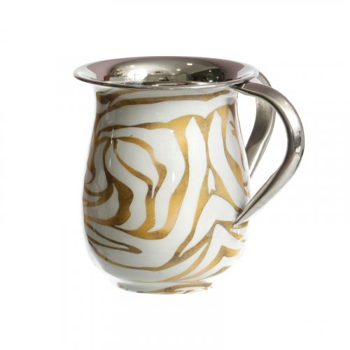 Stainless Steel Netilat Yadayim Wash Cup – White with Sweeping Gold Streaks