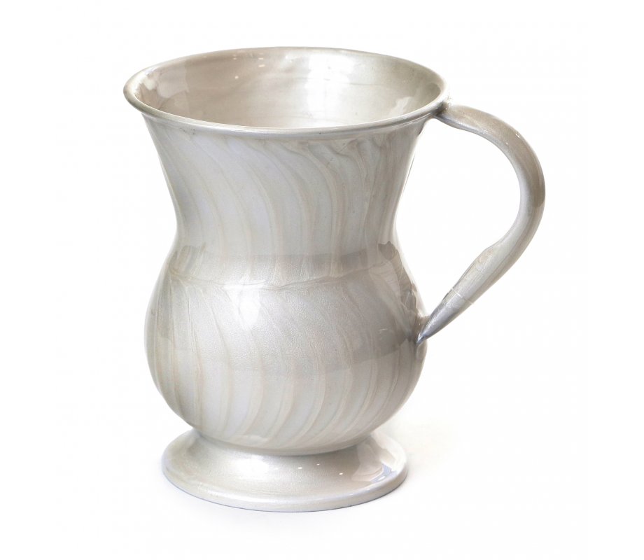 Stainless Steel Netilat Yadayim Wash Cup Hourglass Shape, Wavy Lines - White