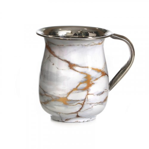 Stainless Steel Netilat Yadayim Wash Cup-White-Gold-Gray Marble Design