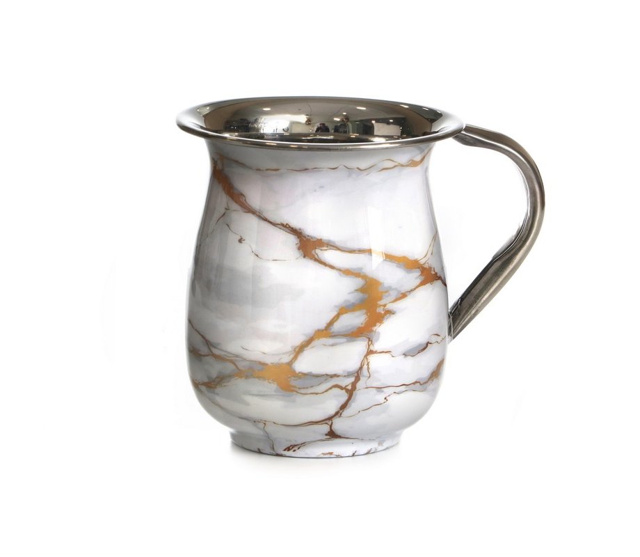 Stainless Steel Netilat Yadayim Wash Cup-White-Gold-Gray Marble Design