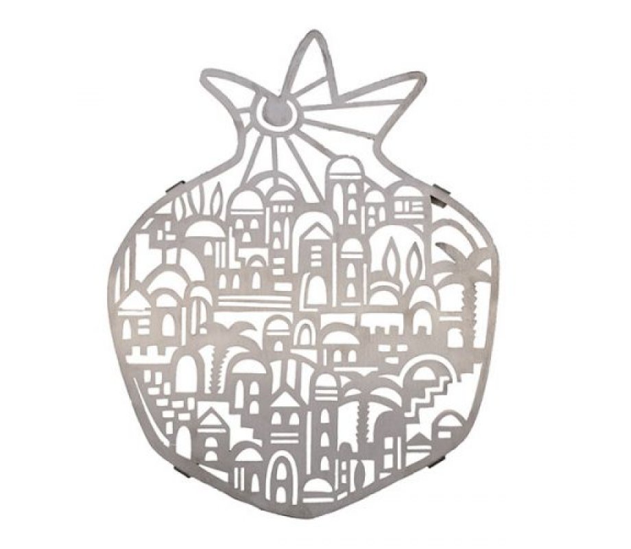 Stainless Steel Pomegranate Trivet Pot Holder with Jerusalem Images - Yair Emanuel