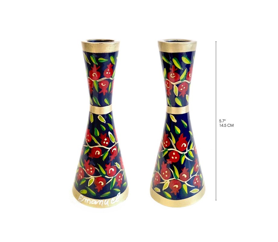 Stainless Steel Red Pomegranates on Blue Metal Candlesticks - Yair Emanuel