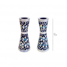 Stainless Steel Silver Pomegranates on Blue Metal Candlesticks - Yair Emanuel