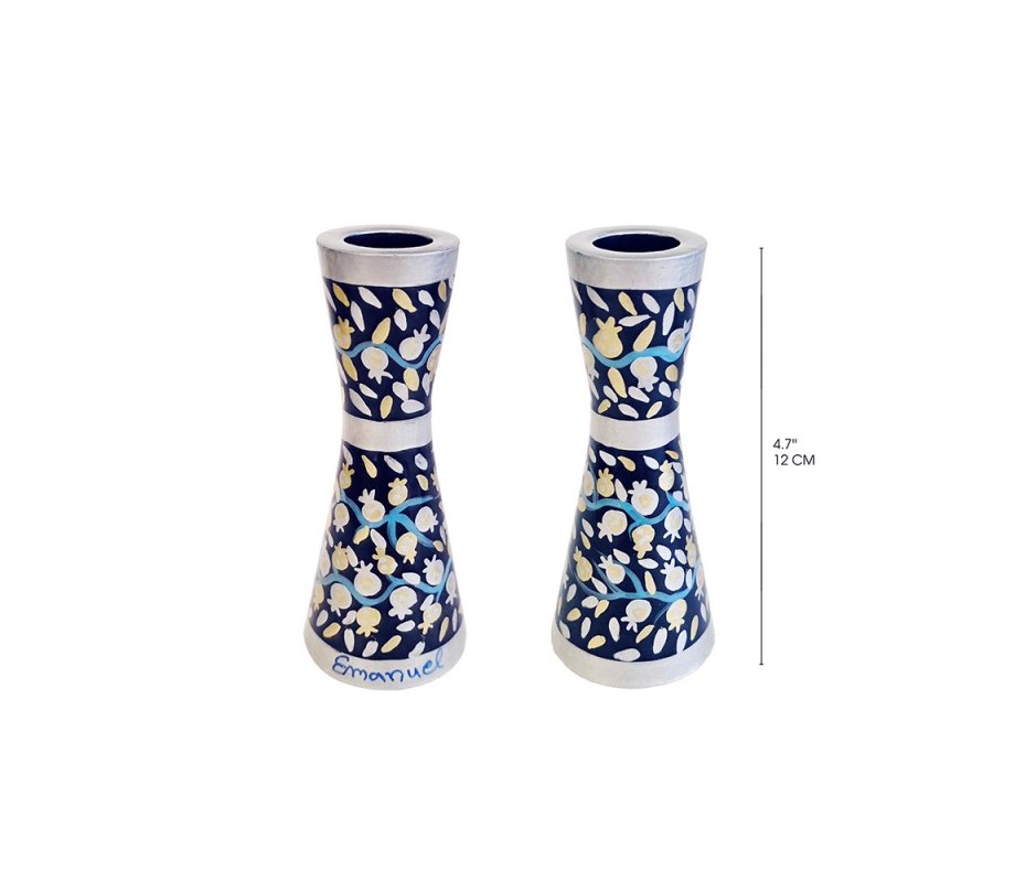 Stainless Steel Silver Pomegranates on Blue Metal Candlesticks - Yair Emanuel