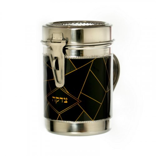 Stainless Steel Tall Charity Box with Handle, Gold on Black Random Lines Design