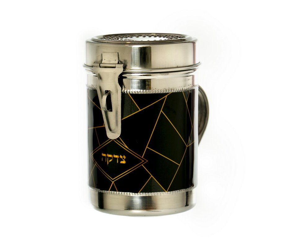 Stainless Steel Tall Charity Box with Handle, Gold on Black Random Lines Design