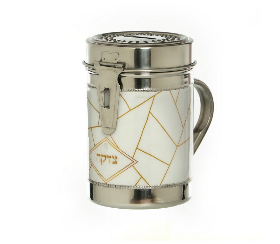 Stainless Steel Tall Charity Box with Handle, Gold on White Random Lines Design