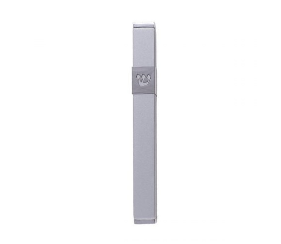 Stainless Street Mezuzah Case with Cutout Shin Letter, Matte Silver - Yair Emanuel