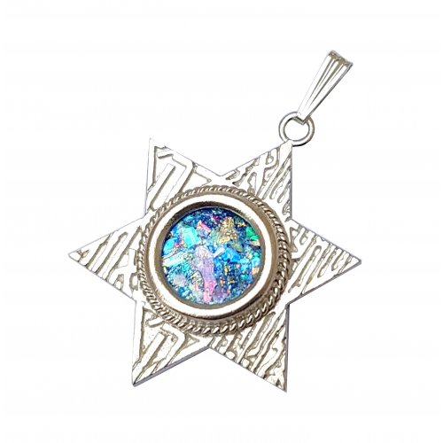 Star of David Filigree Sterling Silver Shema Pendant Necklace with Roman Glass