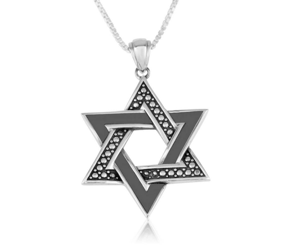 Star of David Pendant with Bead and Smooth Design - Sterling Silver Necklace