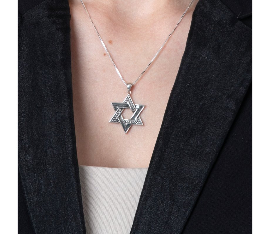Star of David Pendant with Bead and Smooth Design - Sterling Silver Necklace