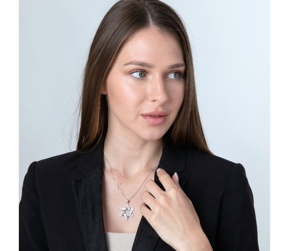 Star of David Pendant with Bead and Smooth Design - Sterling Silver Necklace