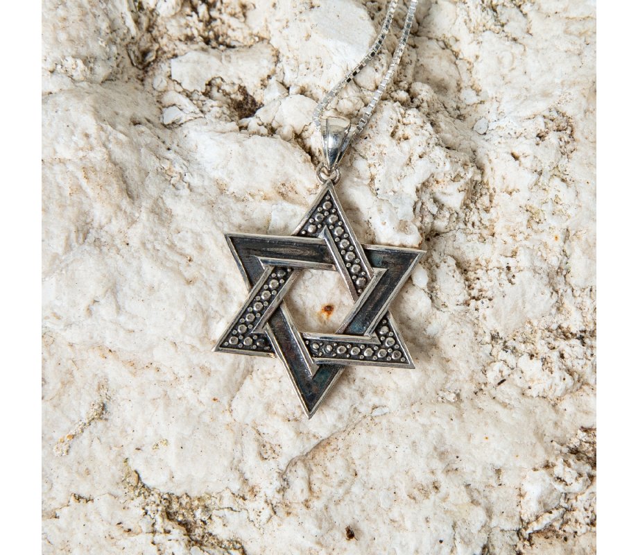 Star of David Pendant with Bead and Smooth Design - Sterling Silver Necklace