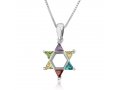 Star of David Pendant with Colored Stones in Corners  Sterling Silver Necklace