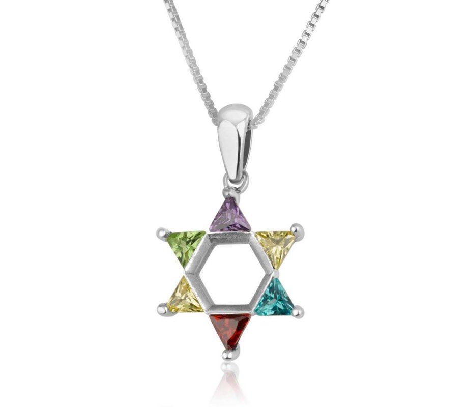 Star of David Pendant with Colored Stones in Corners  Sterling Silver Necklace