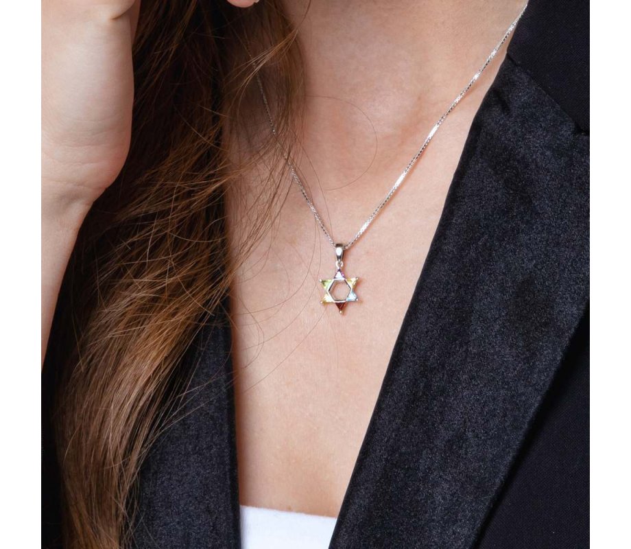 Star of David Pendant with Colored Stones in Corners  Sterling Silver Necklace
