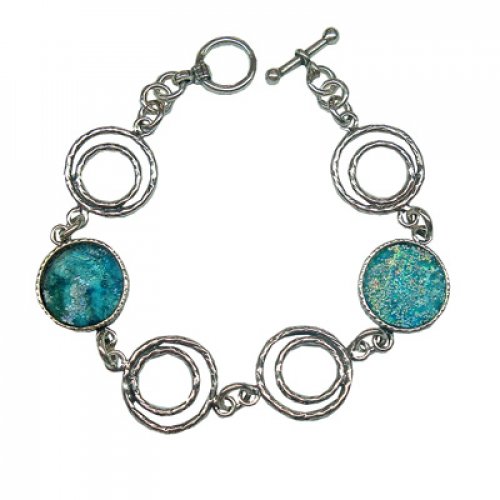 Sterling Silver Bracelet, Circular Roman Glass Shards and Coil Links - Michal Kirat