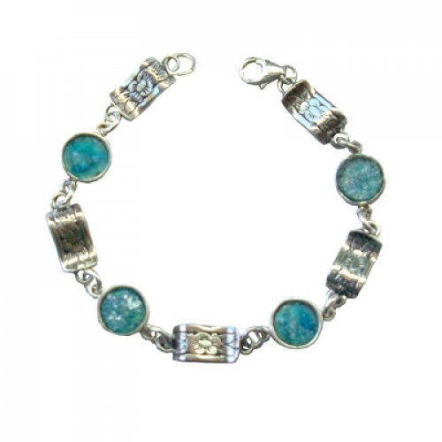 Sterling Silver Bracelet with Circular Roman glass Decorative Discs - Michal Kirat