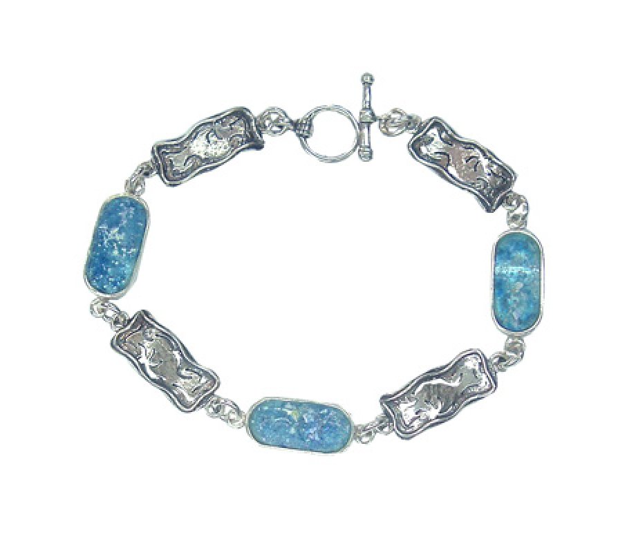 Sterling Silver Bracelet with Oblong Roman Glass and Engraved Links – Michal Kirat