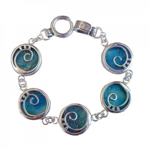 Sterling Silver Bracelet with Roman Glass Discs in a Swirl Setting - Michal Kirat