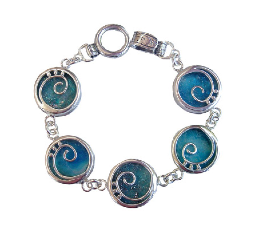Sterling Silver Bracelet with Roman Glass Discs in a Swirl Setting - Michal Kirat