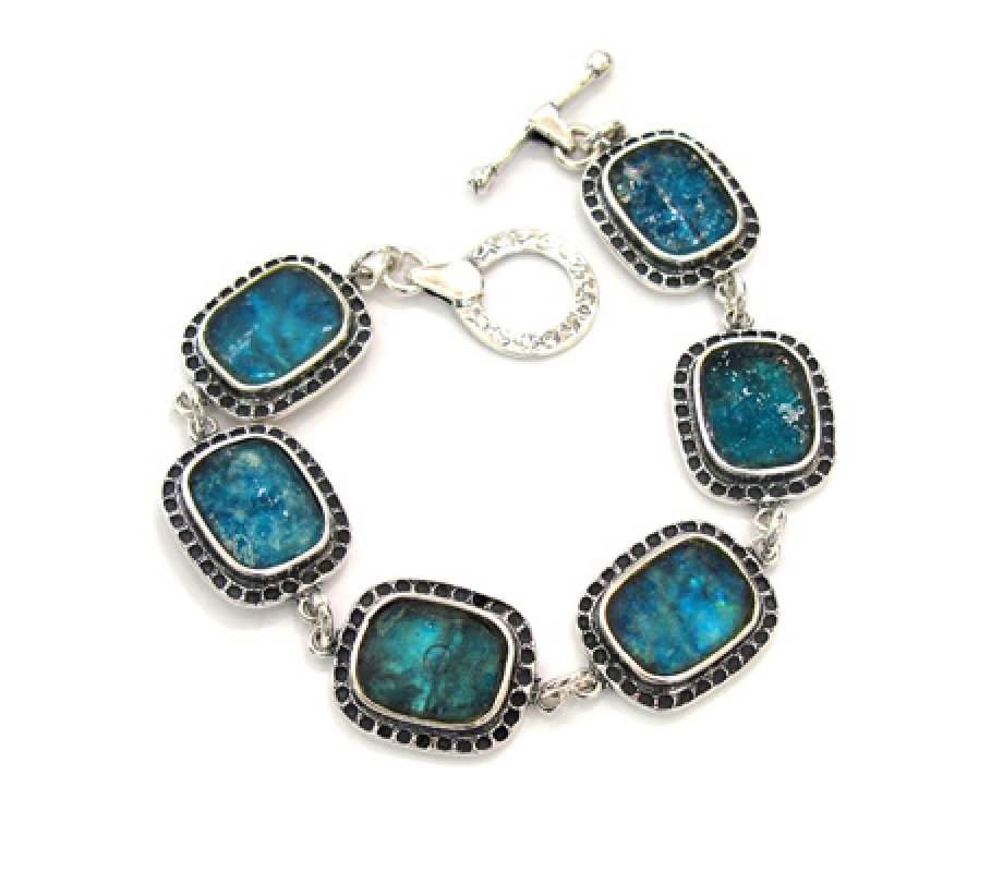 Sterling Silver Bracelet with Roman Glass Links in Decorative Frame - Michal Kirat