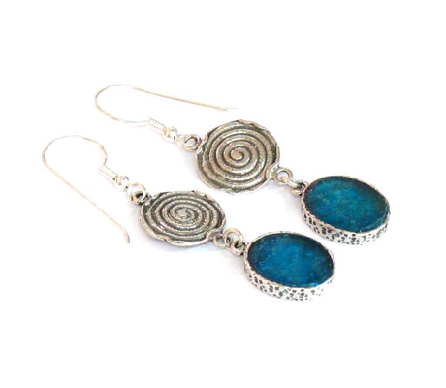 Sterling Silver Dangle Roman Glass Earrings with Decorative Swirl Disc - Michal Kirat