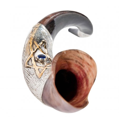 Sterling Silver Decorated Yemenite Shofar - Blue Stone