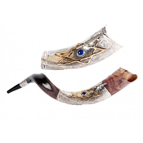 Sterling Silver Decorated Yemenite Shofar - Blue Stone