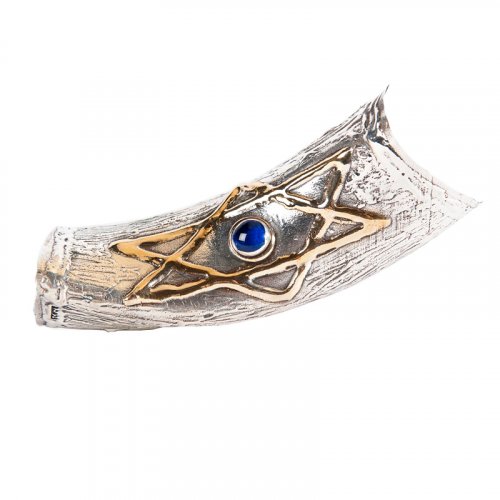 Sterling Silver Decorated Yemenite Shofar - Blue Stone