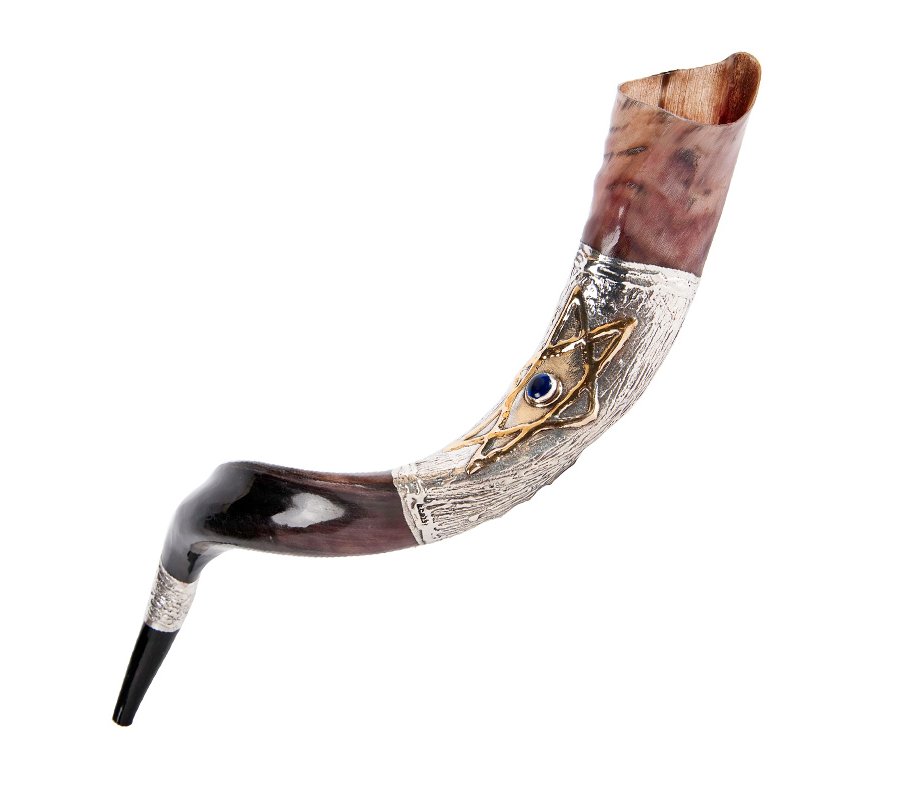 Sterling Silver Decorated Yemenite Shofar - Blue Stone
