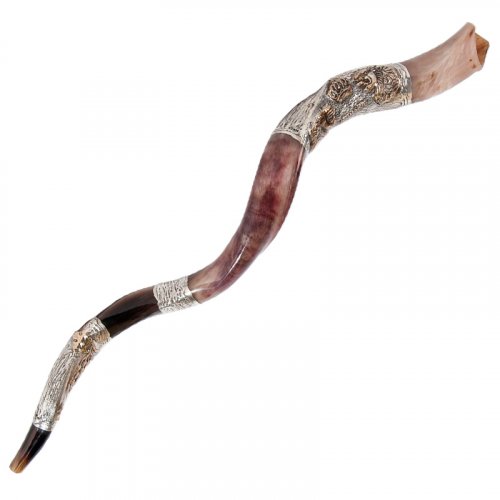 Sterling Silver Decorated Yemenite Shofar - Lion of Judah and Crown